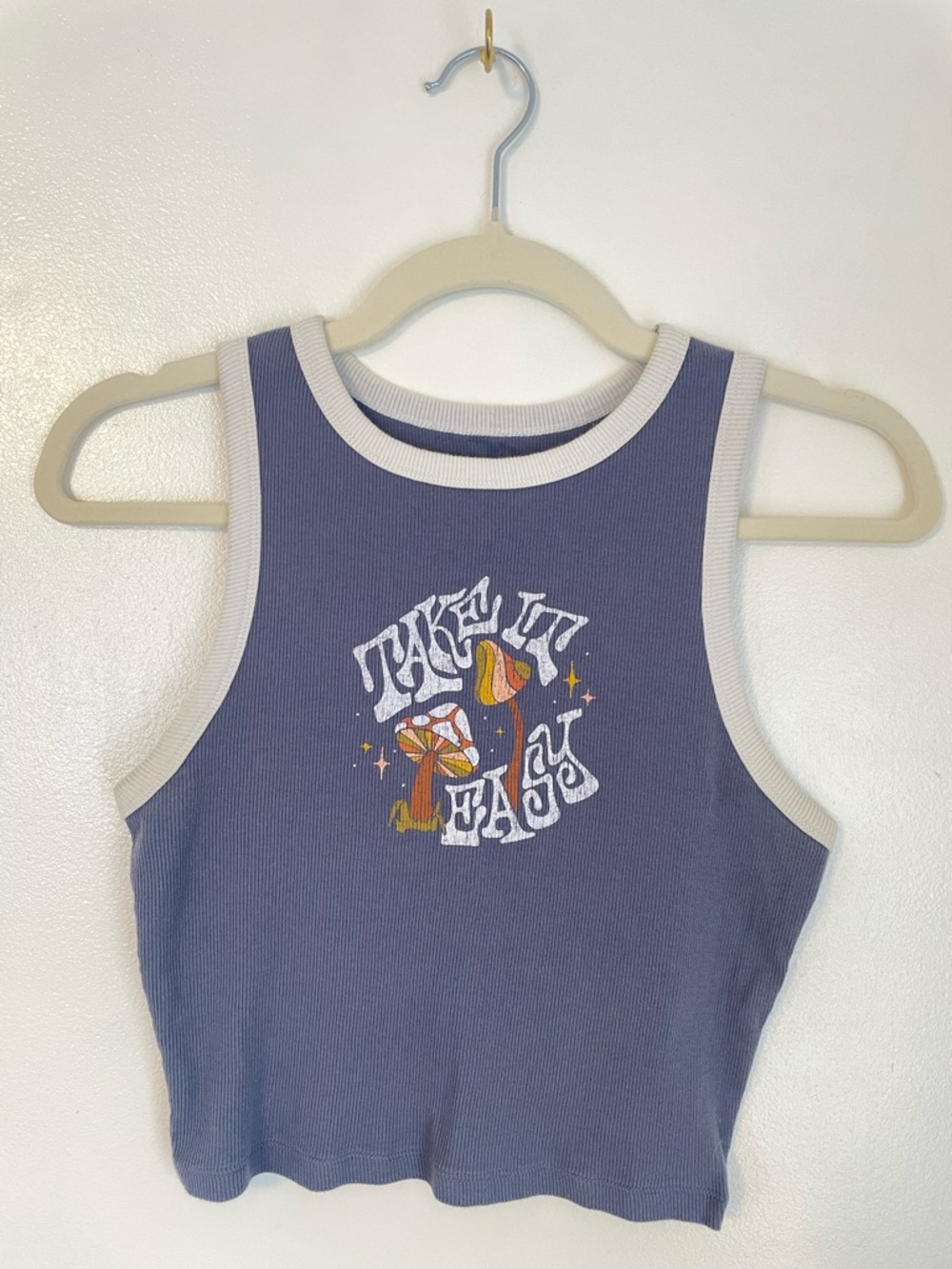 Hollister take it easy mushroom graphic tank blue with white trim size medium
